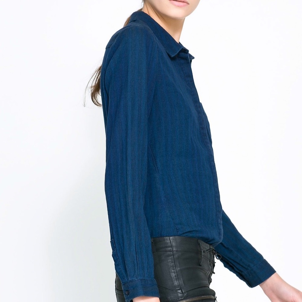 Zara Indigo Stripe Denim Long Sleeve Button Up XS - Picture 5 of 6